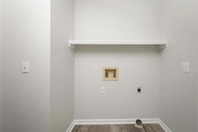 washroom featuring washer hookup, hookup for an electric dryer, wood finished floors, laundry area, and baseboards