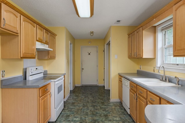  - kitchen featuring white appliances, a sink, under cabinet range hood, and baseboards