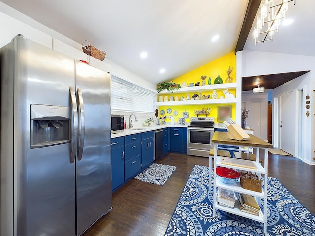 kitchen with lofted ceiling with beams, sink, blue cabinetry, dark hardwood / wood-style flooring, and stainless steel appliances