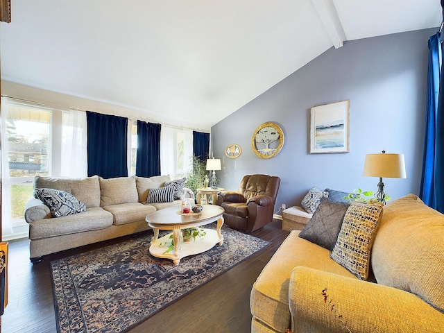 living room with lofted ceiling with beams and dark wood-type flooring