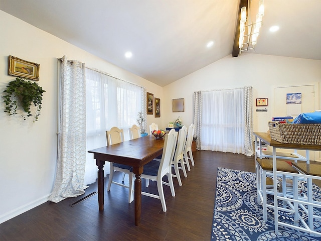 dining room featuring vaulted ceiling with beams and dark hardwood / wood-style flooring