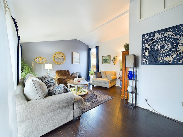 living room with dark hardwood / wood-style floors and vaulted ceiling