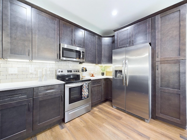 kitchen featuring dark brown cabinets, stainless steel appliances, tasteful backsplash, and light hardwood / wood-style floors