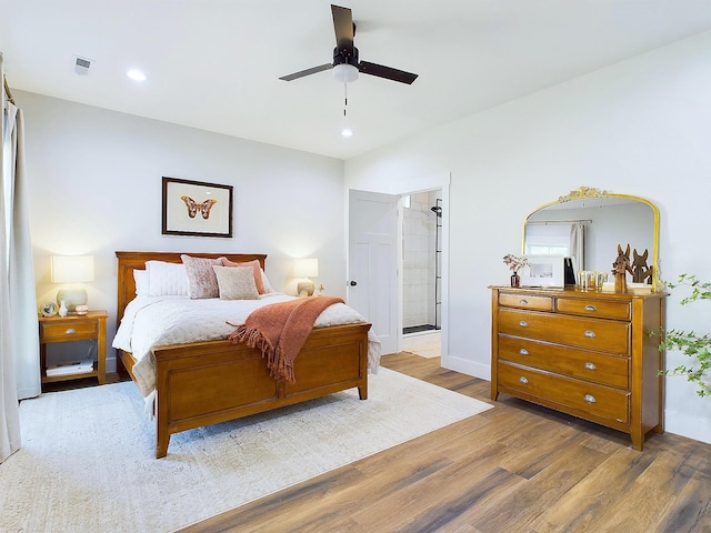 bedroom featuring wood-type flooring and ceiling fan