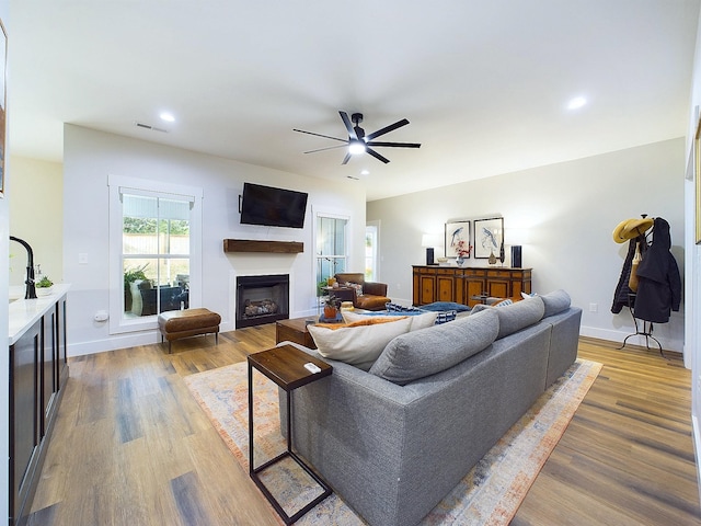 living room featuring ceiling fan and wood-type flooring