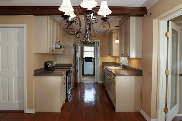 kitchen featuring appliances with stainless steel finishes, dark countertops, a sink, and under cabinet range hood