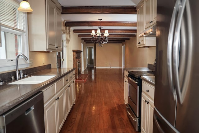 kitchen with decorative light fixtures, beamed ceiling, sink, a chandelier, and stainless steel appliances