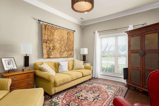  - living area featuring dark wood-style flooring and crown molding