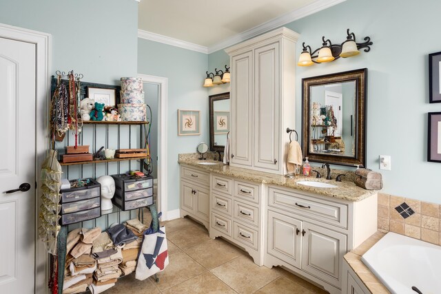  - full bathroom with double vanity, a garden tub, ornamental molding, and tile patterned flooring