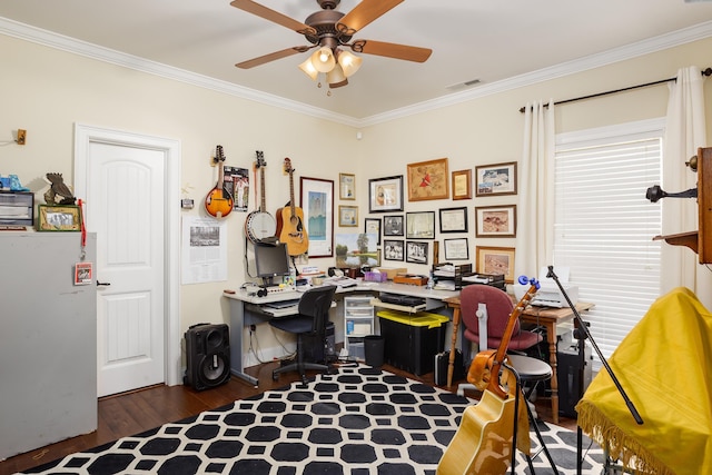  - office area featuring ceiling fan, ornamental molding, and wood finished floors