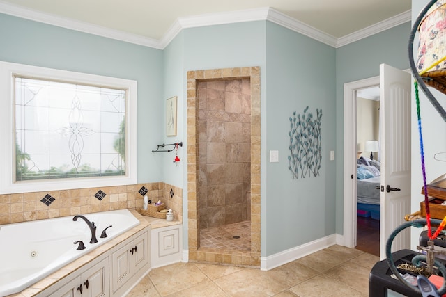  - ensuite bathroom with a tub with jets, tiled shower, crown molding, and tile patterned flooring