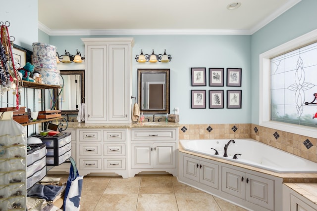  - bathroom with a garden tub, vanity, tile patterned flooring, and crown molding