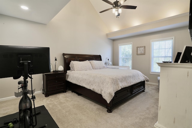 bedroom featuring high vaulted ceiling, recessed lighting, light colored carpet, and baseboards