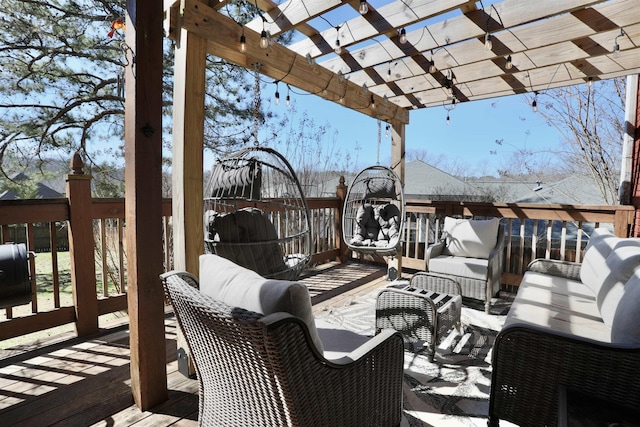 wooden terrace featuring an outdoor living space and a pergola