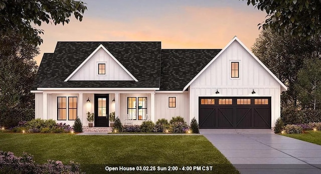 modern inspired farmhouse with board and batten siding, a front lawn, concrete driveway, and roof with shingles