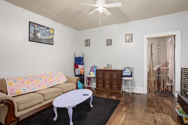 - living room with wood finished floors and ceiling fan
