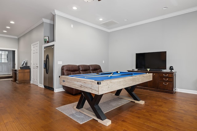 game room featuring ornamental molding, dark wood-type flooring, and pool table