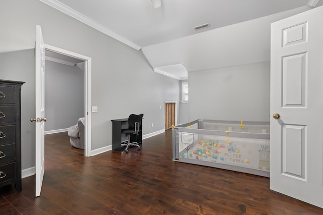 bedroom featuring dark hardwood / wood-style floors, ceiling fan, ornamental molding, and lofted ceiling