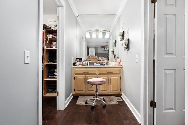 bathroom with wood-type flooring, vanity, and ornamental molding