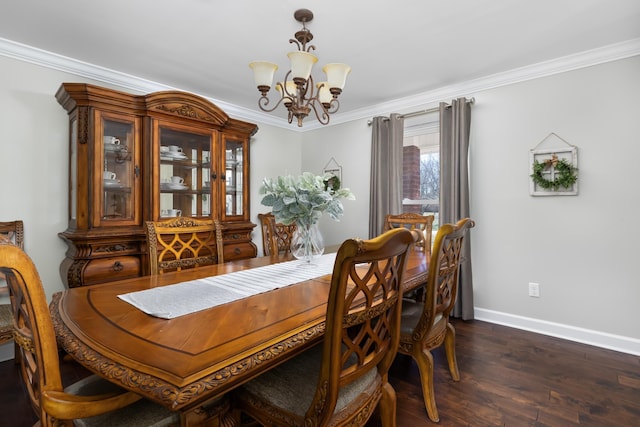 dining space with a chandelier, dark hardwood / wood-style floors, and ornamental molding