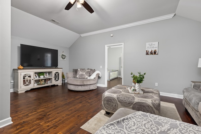 living room with ceiling fan, crown molding, lofted ceiling, and dark wood-type flooring