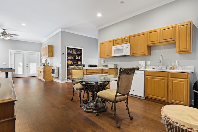 kitchen featuring ceiling fan, sink, heating unit, white appliances, and ornamental molding