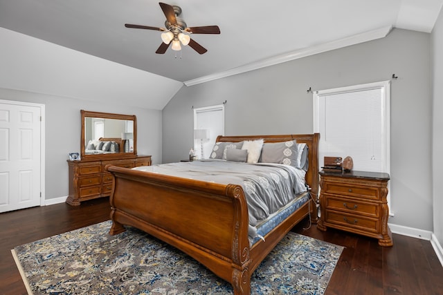 bedroom with ceiling fan, crown molding, lofted ceiling, and dark wood-type flooring