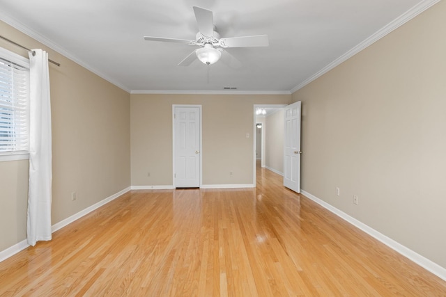 unfurnished bedroom with crown molding, ceiling fan, and light wood-type flooring