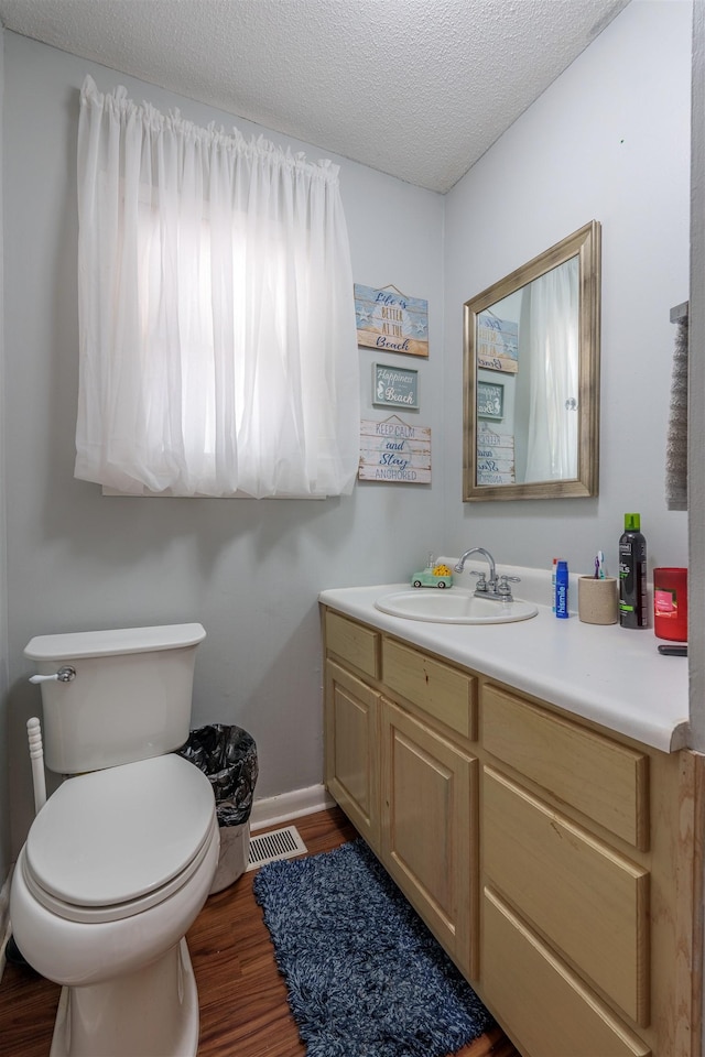 - half bath featuring vanity, wood finished floors, and a textured ceiling
