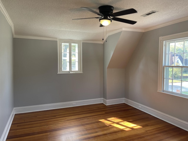 additional living space featuring a textured ceiling, ceiling fan, dark hardwood / wood-style flooring, and vaulted ceiling