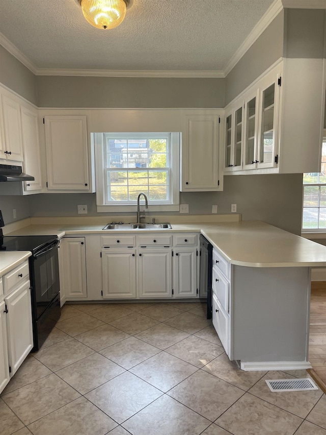 kitchen with white cabinetry, sink, black appliances, and a textured ceiling