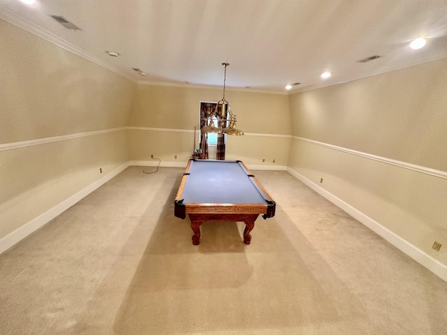 recreation room featuring carpet flooring, ornamental molding, and billiards