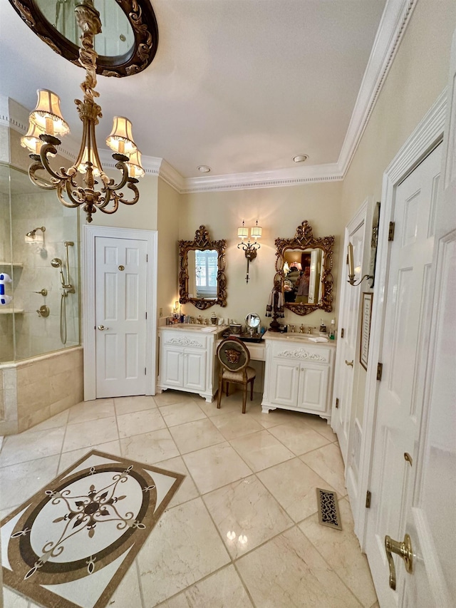 bathroom with a shower, vanity, a chandelier, and crown molding