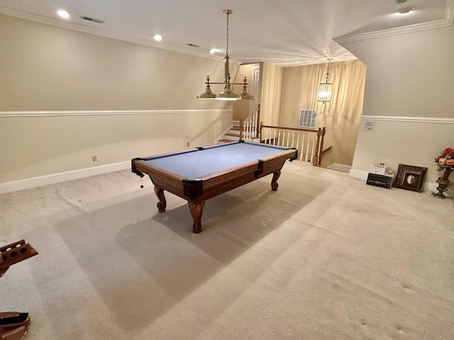 playroom featuring carpet floors, crown molding, and pool table