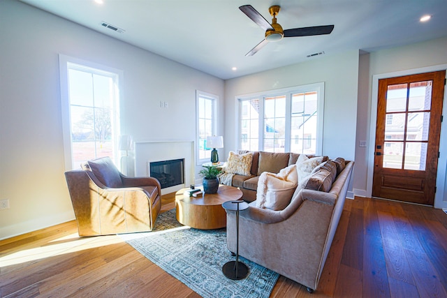 living room featuring ceiling fan and dark wood-type flooring