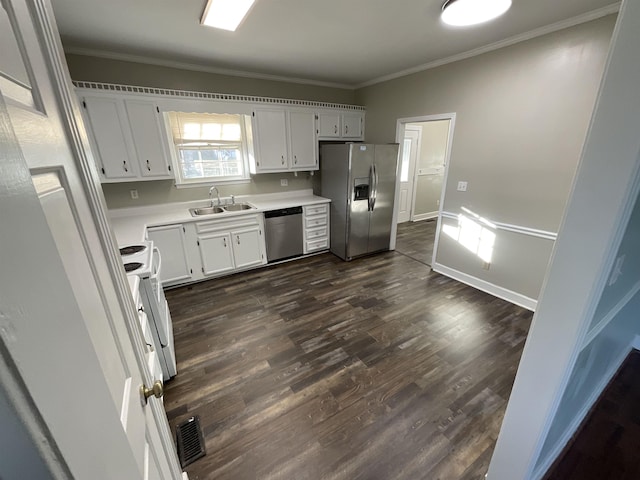 kitchen featuring white cabinetry, stainless steel appliances, dark hardwood / wood-style flooring, and sink