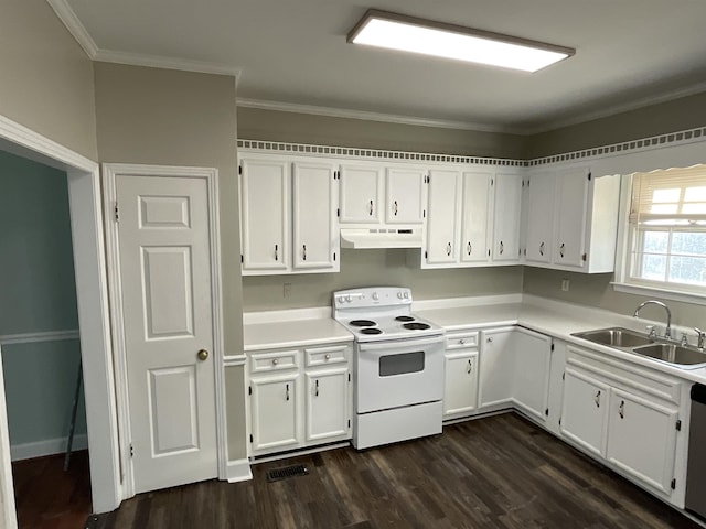 kitchen featuring white cabinetry, sink, and electric range