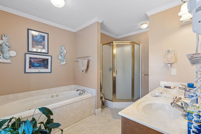 bathroom with ornamental molding, independent shower and bath, a textured ceiling, and vanity