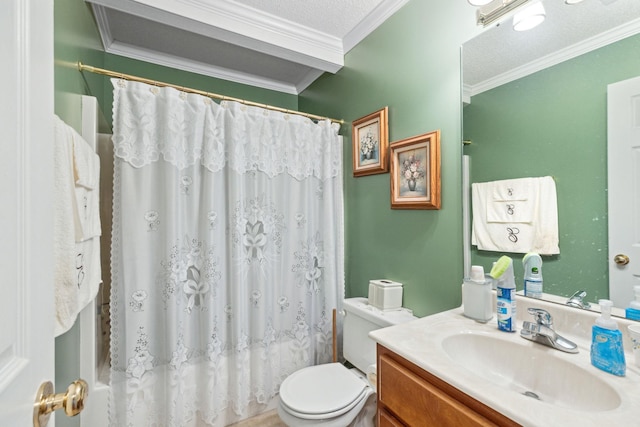 full bathroom with toilet, a textured ceiling, ornamental molding, shower / bathtub combination with curtain, and vanity