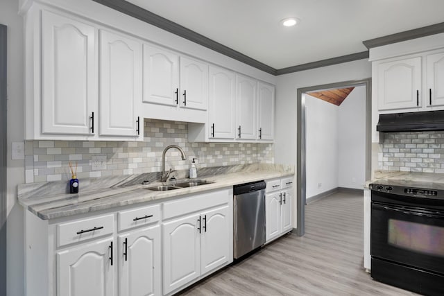 kitchen with white cabinetry, sink, black electric range oven, and stainless steel dishwasher