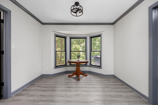 interior space with light hardwood / wood-style floors and ornamental molding