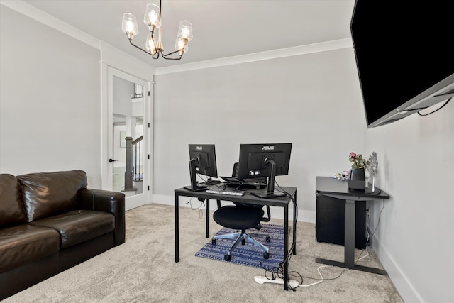  - office area with baseboards, carpet, crown molding, and a chandelier