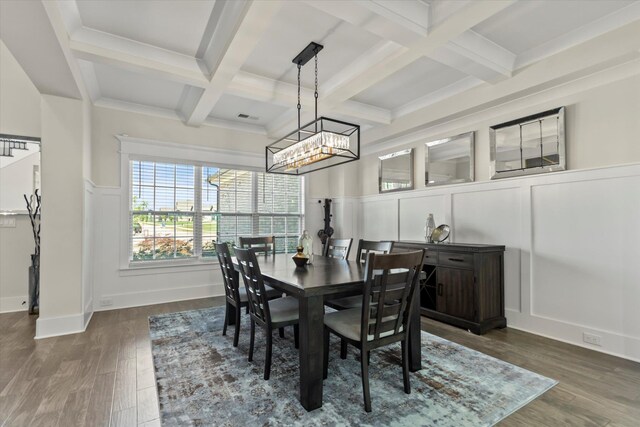  - dining area with coffered ceiling, a decorative wall, a chandelier, and beam ceiling