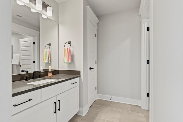  - bathroom with baseboards, visible vents, tile patterned flooring, and vanity