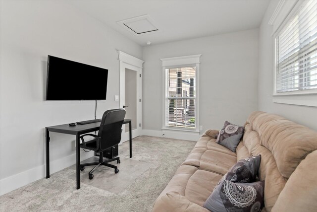  - office with attic access, baseboards, and carpet