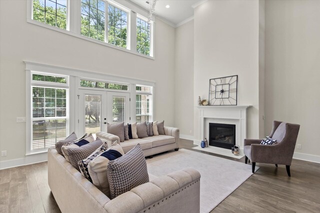  - living area featuring a high ceiling, french doors, baseboards, a wealth of natural light, and ornamental molding