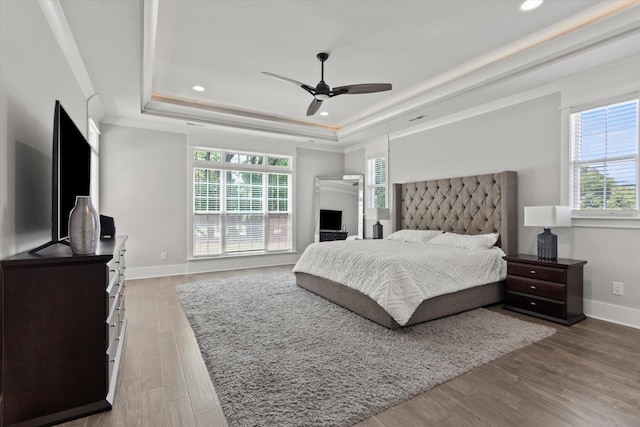  - bedroom featuring multiple windows, ornamental molding, a tray ceiling, and wood finished floors