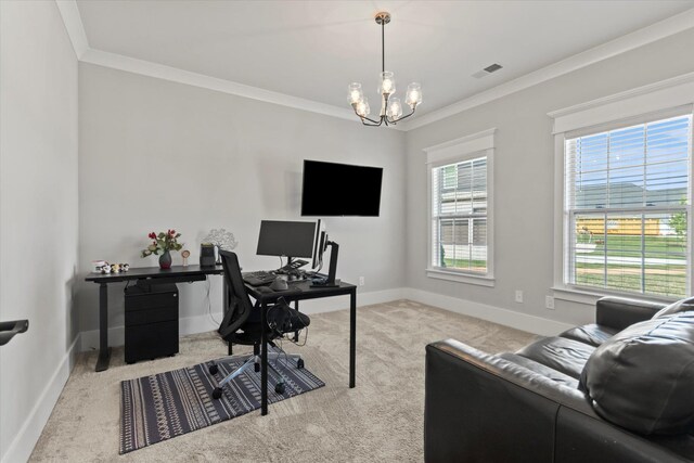  - carpeted office space with baseboards, visible vents, a healthy amount of sunlight, and an inviting chandelier