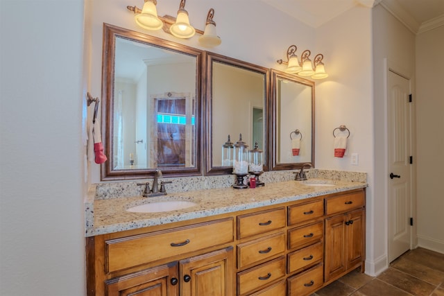 full bathroom with double vanity, ornamental molding, a closet, and a sink