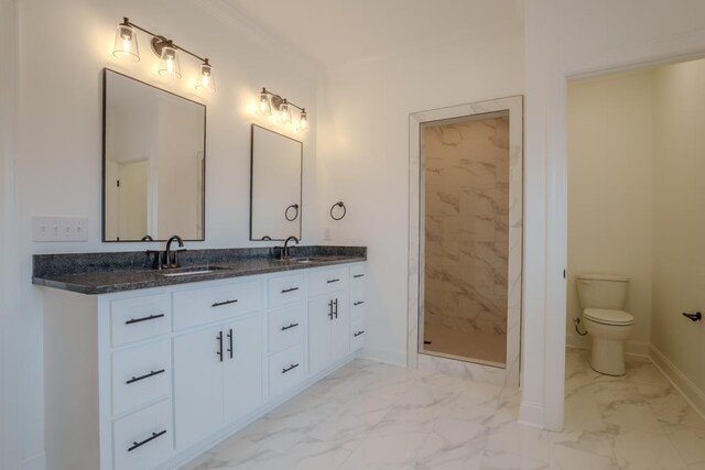 bathroom featuring vanity, toilet, and walk in shower